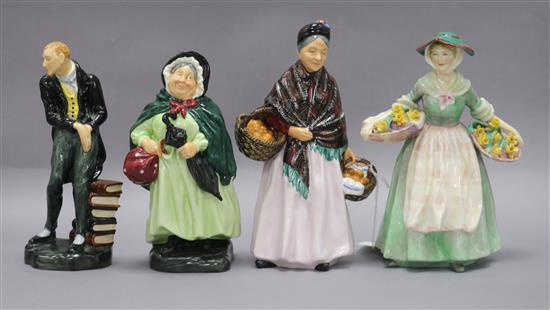 Four Royal Doulton figures: Daffy-Down-Dilly HN1712, Sairey Gamp HN2100, Uriah Heep HN2101 and The Orange Lady HN 1759 tallest 22cm